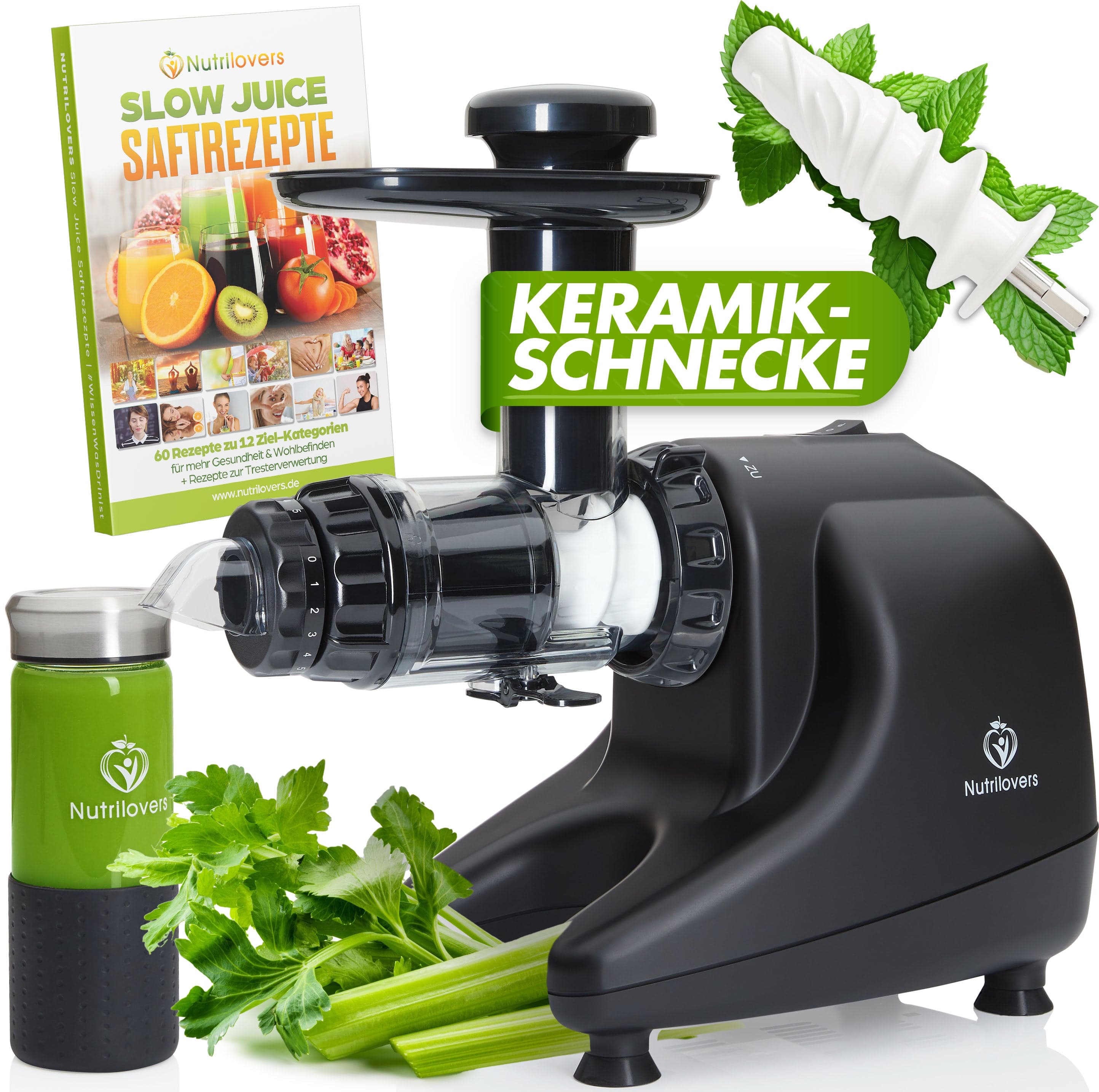 Nutrilovers Slow Juicer MULTI-PRESS KERAMIK (B) Profi Slow Juicer mit echter Keramik Presschnecke | BPA-frei WissenWasDrinIst