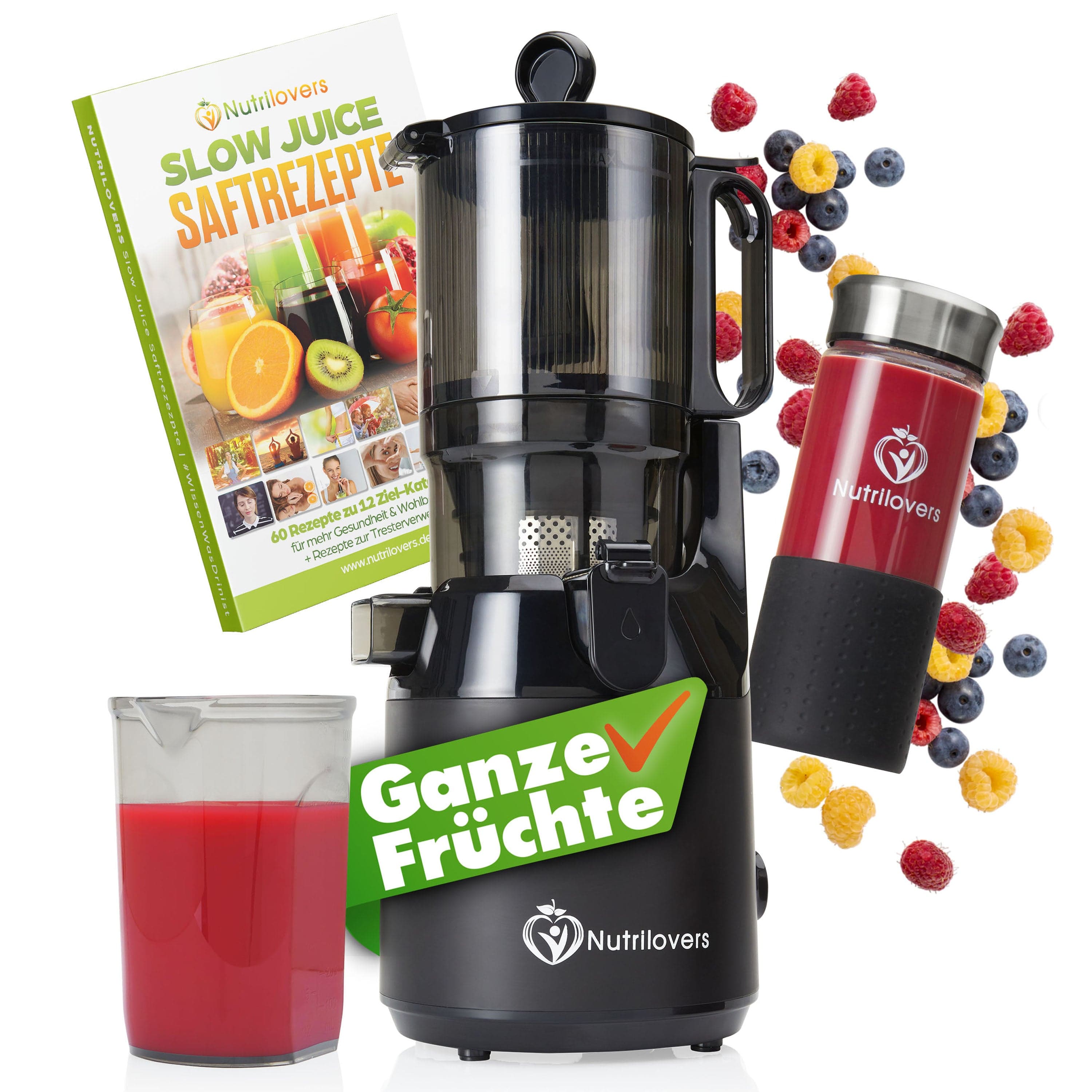 Nutrilovers Slow Juicer NUTRI-PRESS MAX (B) Entsafter Slow Juicer Großer XXL-Einwurf Obst & Gemüse Ganze Früchte entsaften ohne Nachschieben (BPA-frei) WissenWasDrinIst