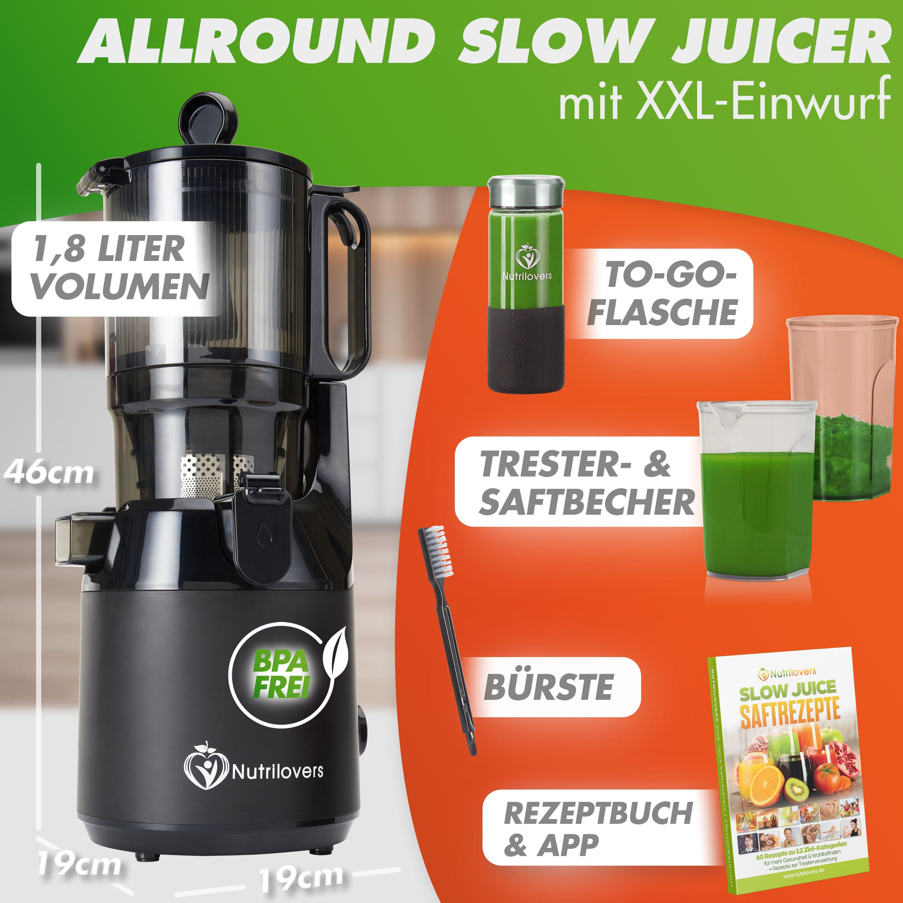 Nutrilovers Slow Juicer NUTRI-PRESS MAX (B) Entsafter Slow Juicer Großer XXL-Einwurf Obst & Gemüse Ganze Früchte entsaften ohne Nachschieben (BPA-frei) WissenWasDrinIst