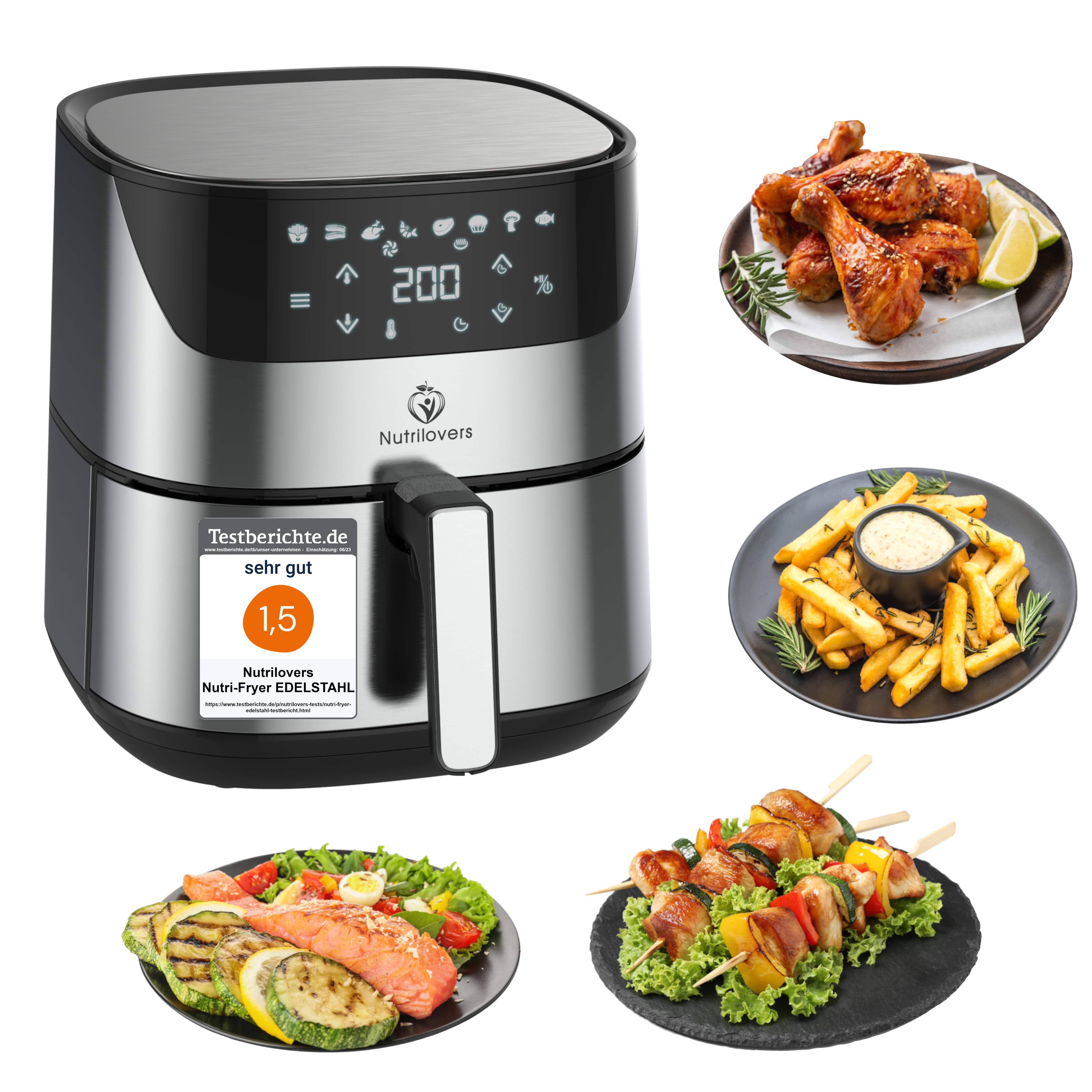 Nutrilovers Heißluftfritteuse NUTRI-FRYER Edelstahl-Heißluftfritteuse XXL mit 2000W Leistung, 5.0 Liter Volumen WissenWasDrinIst