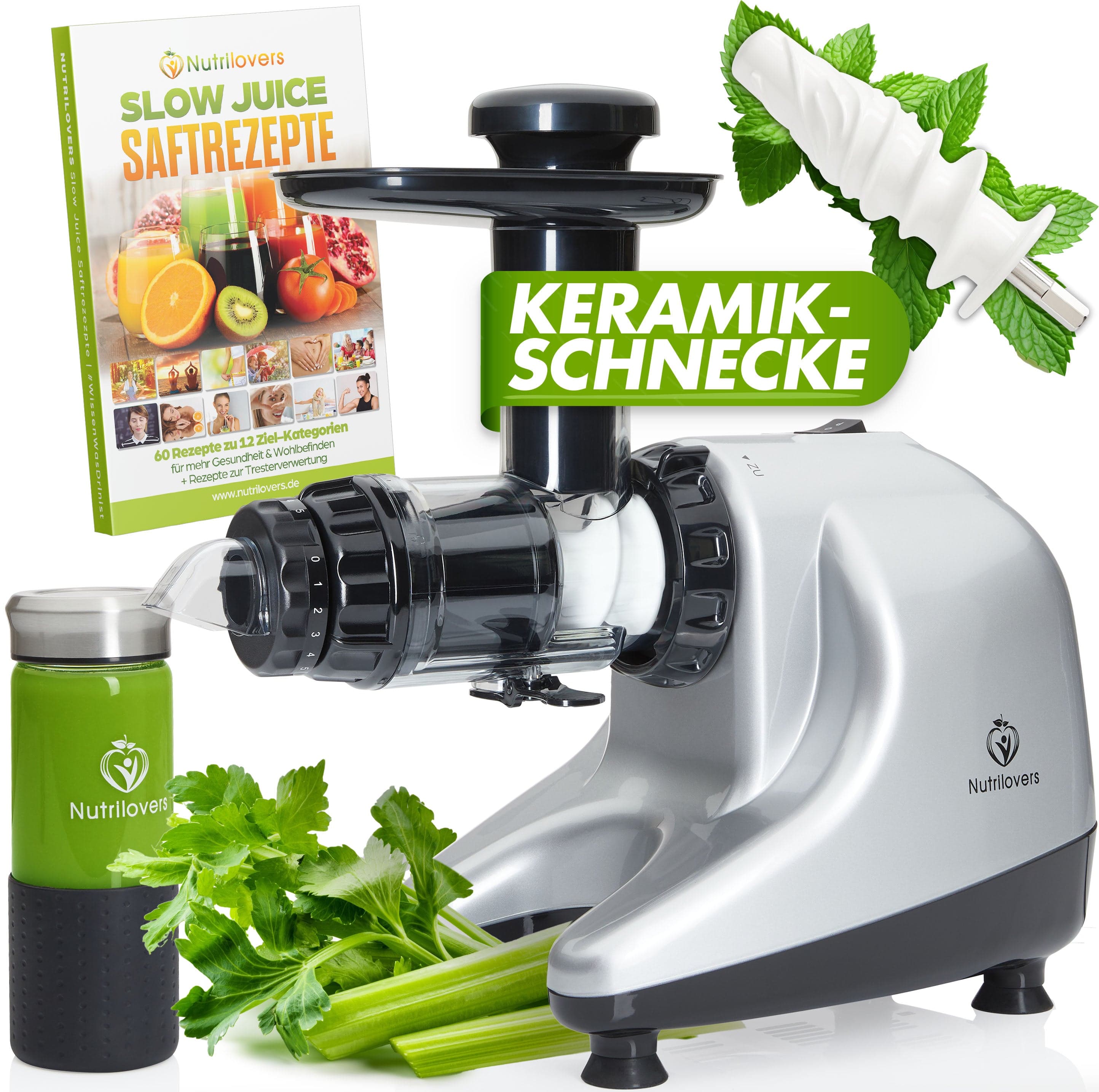 Nutrilovers Slow Juicer MULTI-PRESS KERAMIK Profi Slow Juicer mit echter Keramik Presschnecke 6+1 Multi-Aufsätzen & Pressring für maximale Saftausbeute inkl. Zubehör | BPA-frei WissenWasDrinIst