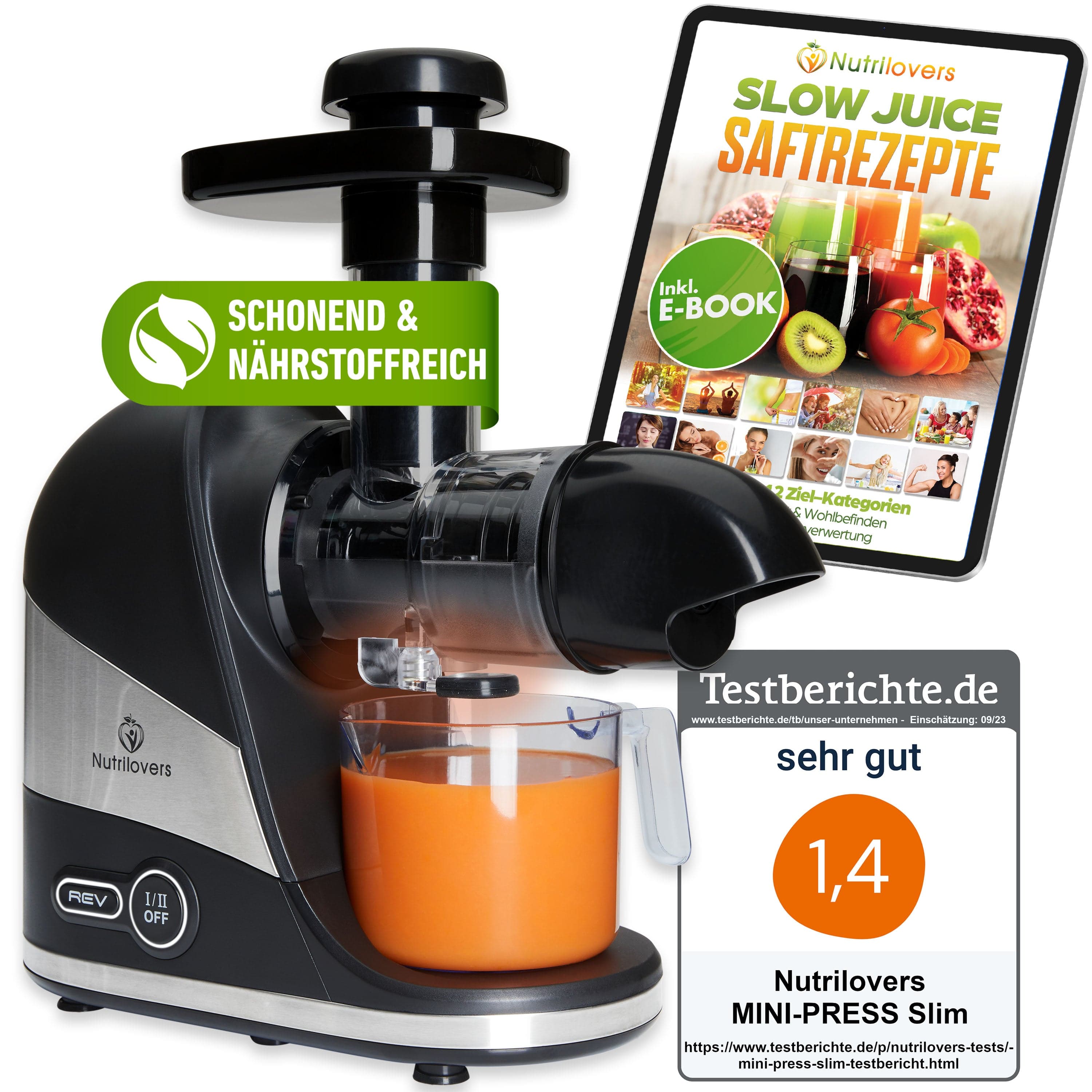 NUTRILOVERS | WissenWasDrinIst Slow Juicer MINI-PRESS SLIM Slow Juicer - Besonders Kompakt & Platzsparend | Entsafter Obst & Gemüse | 100% BPA frei kuechengeraete haushaltsgeraete WissenWasDrinIst