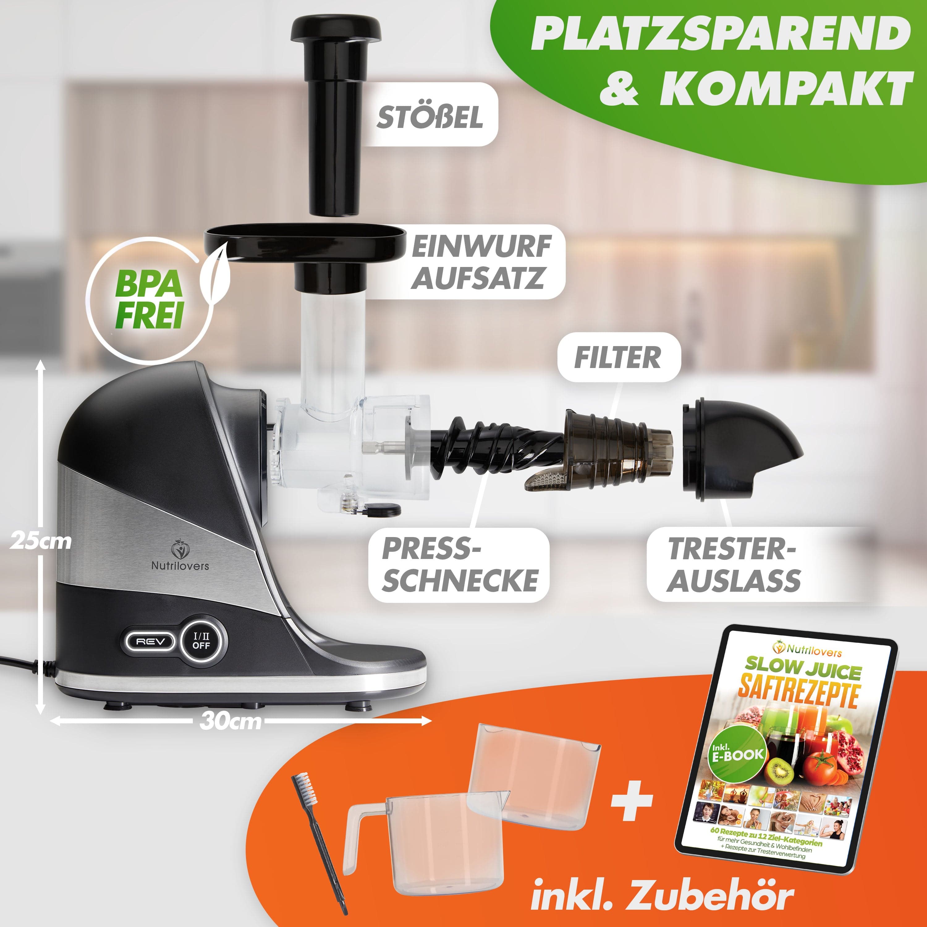 Nutrilovers Slow Juicer MINI-PRESS SLIM Slow Juicer - Besonders Kompakt & Platzsparend | Entsafter Obst & Gemüse | 100% BPA frei WissenWasDrinIst