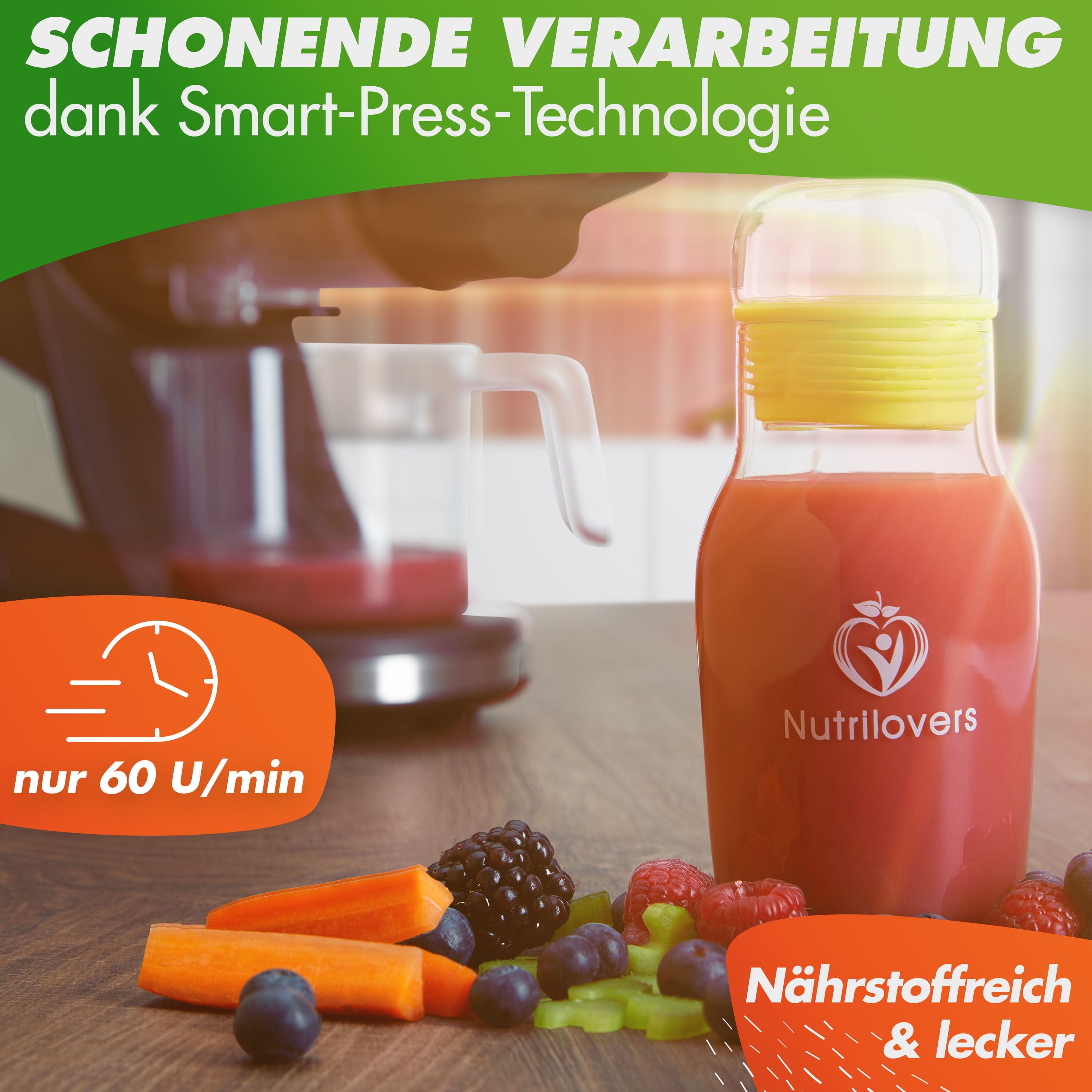 NUTRILOVERS | #WissenWasDrinIst Slow Juicer MINI-PRESS SLIM Slow Juicer - Besonders Kompakt & Platzsparend | Entsafter Obst & Gemüse | 100% BPA frei kuechengeraete haushaltsgeraete WissenWasDrinIst