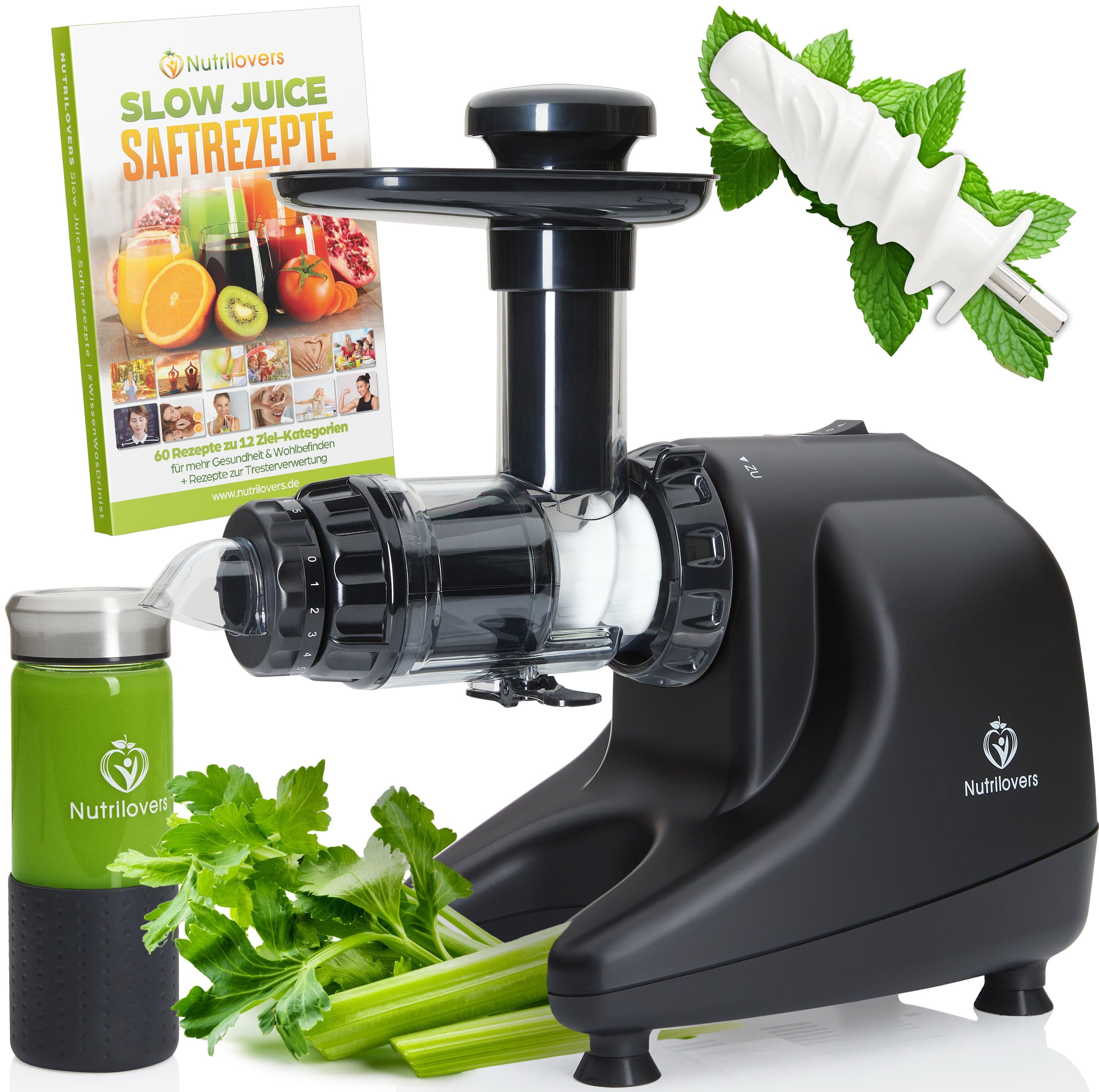 Nutrilovers Slow Juicer MULTI-PRESS KERAMIK Profi Slow Juicer mit echter Keramik Presschnecke 6+1 Multi-Aufsätzen & Pressring für maximale Saftausbeute inkl. Zubehör | BPA-frei WissenWasDrinIst