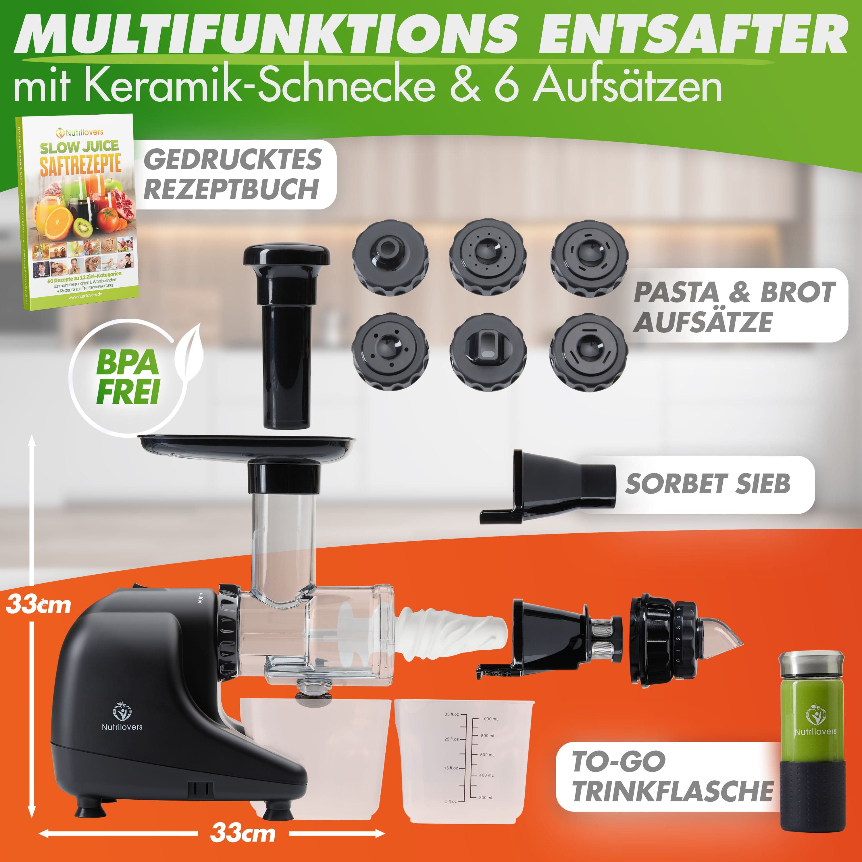 Nutrilovers Slow Juicer MULTI-PRESS KERAMIK Profi Slow Juicer mit echter Keramik Presschnecke 6+1 Multi-Aufsätzen & Pressring für maximale Saftausbeute inkl. Zubehör | BPA-frei WissenWasDrinIst