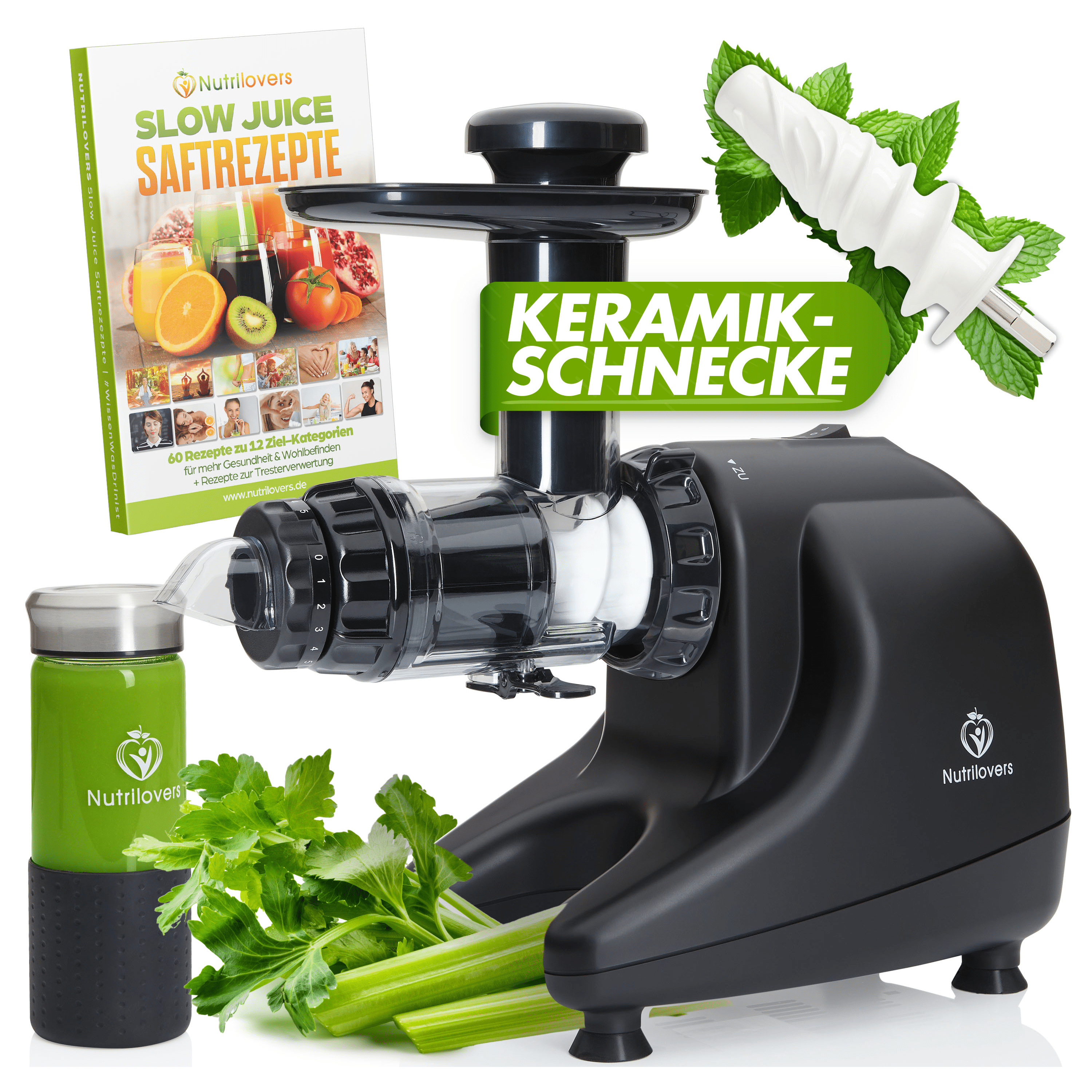 Nutrilovers Slow Juicer MULTI-PRESS KERAMIK Profi Slow Juicer mit echter Keramik Presschnecke 6+1 Multi-Aufsätzen & Pressring für maximale Saftausbeute inkl. Zubehör | BPA-frei WissenWasDrinIst