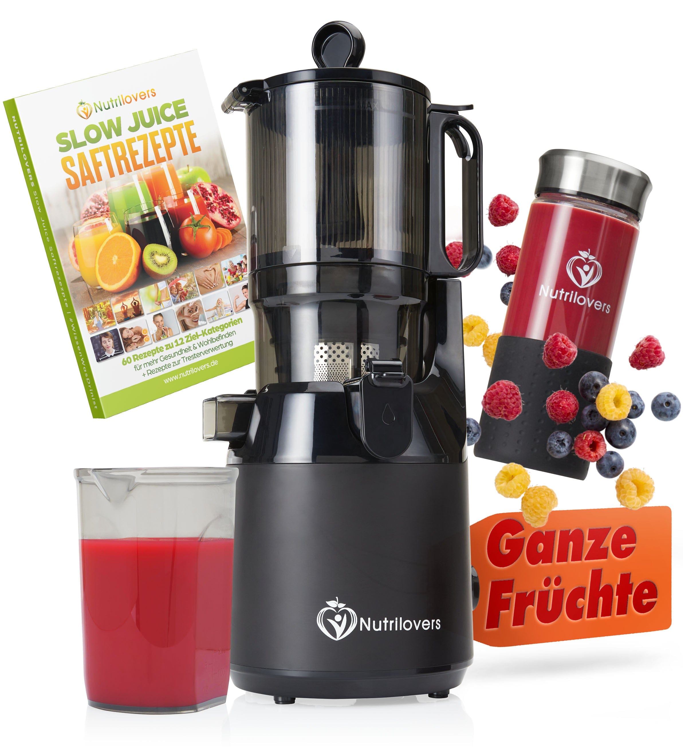 NUTRILOVERS | #WissenWasDrinIst Slow Juicer Schwarz NUTRI-PRESS MAX Entsafter Slow Juicer großer Einwurf ohne Nachschieben kuechengeraete haushaltsgeraete WissenWasDrinIst