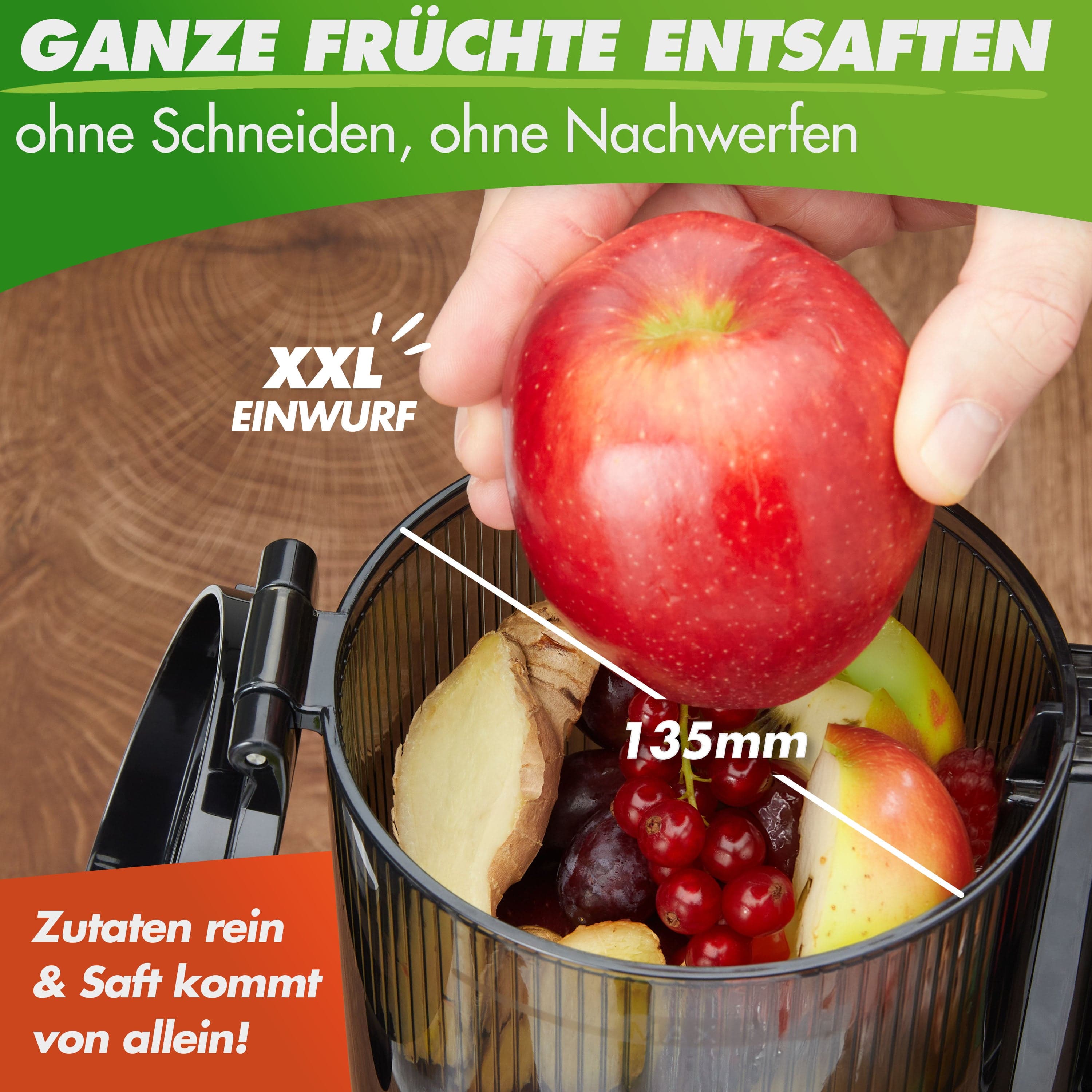 Nutrilovers Slow Juicer NUTRI-PRESS MAX Entsafter Slow Juicer Großer XXL-Einwurf Obst & Gemüse Ganze Früchte entsaften ohne Nachschieben (BPA-frei) WissenWasDrinIst