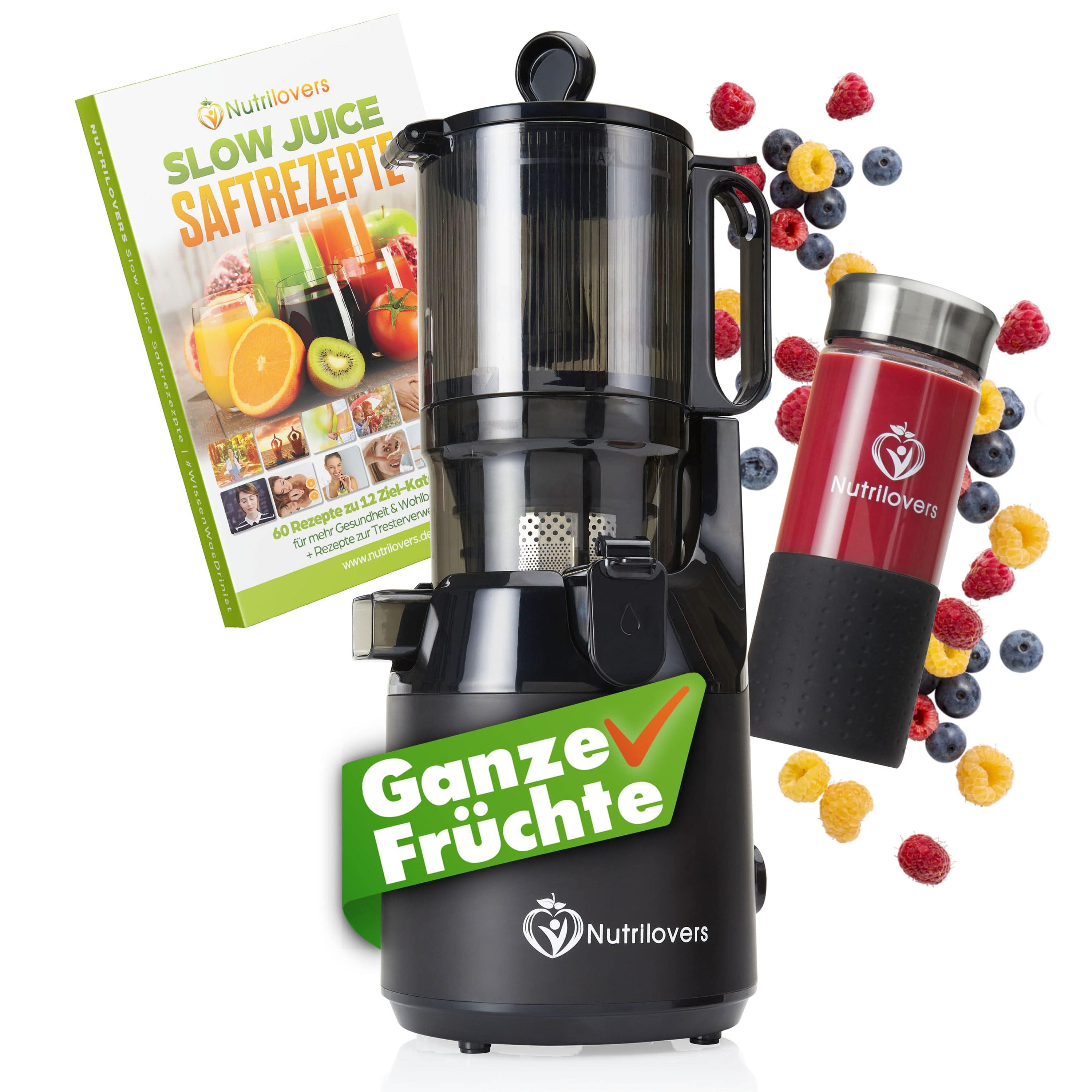 NUTRILOVERS | #WissenWasDrinIst Slow Juicer Schwarz NUTRI-PRESS MAX Entsafter Slow Juicer Großer XXL-Einwurf Obst & Gemüse Ganze Früchte entsaften ohne Nachschieben (BPA-frei) kuechengeraete haushaltsgeraete WissenWasDrinIst