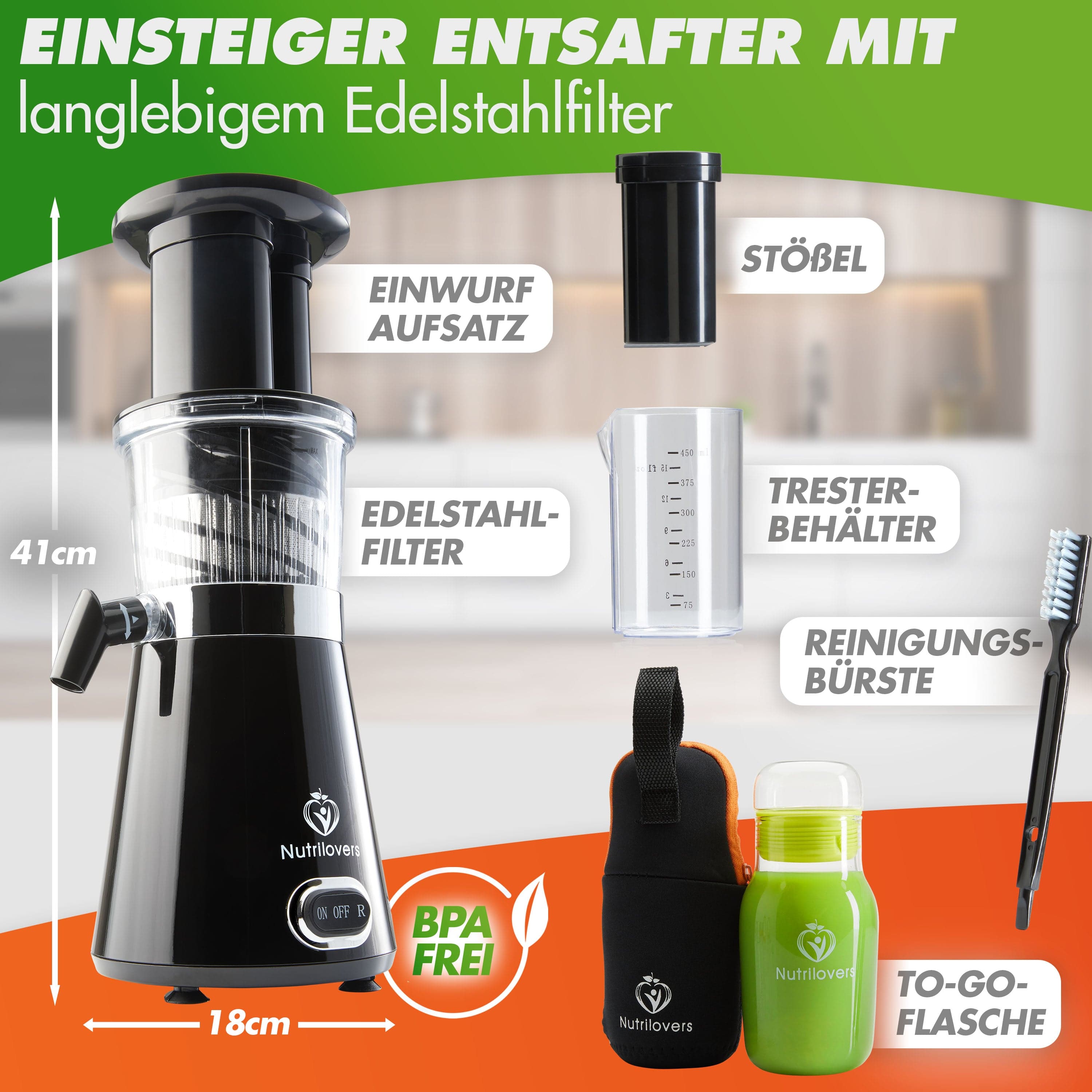 Nutrilovers Slow Juicer NUTRI-PRESS Slow Juicer für Einsteiger | BPA-Frei (Schwarz) WissenWasDrinIst